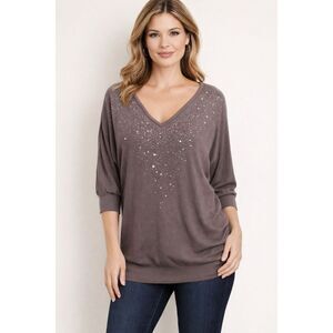 Studio Y‎ Womens Mauve Sequin VNeck Blouse Size L Sparkle Tunic Top 3/4 Sleeve T